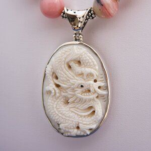 Vintage Opal Necklace with Dragon Carved in Bone Pendant